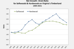 Net Growth:Drain Ratio for Softwoods and Hardwoods on Virginia's Timberland Chart